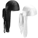 2 Stücke Durag mit Langem Schwanz, Unisex Durag Men Silk Piraten Bandanas mit Langem Schwanz und Breiten Trägern für Männer Frauen die tägliche Hip-Hop-Dekoration (Schwarz+Weiß)