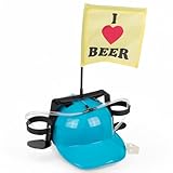 MIJOMA Trinkhelm – Freihändiges Trinken mit Spaßfaktor – Getränkehelm für Party, Festival & Karneval – Verstellbare Halterung für Dosen & Flaschen – Lustiges Party-Gadget (Türkis mit Beer-Fahne)