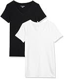 Amazon Essentials Damen T-Shirt mit kurzen Ärmeln und V-Ausschnitt in normaler Passform, 2er-Pack, Schwarz/Weiß, M