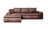 lifestyle4living | Ecksofa mit Schlaffunktion und Bettkasten in Braun | Gemütliches Mikrofaser L-Sofa im Vintage-Look mit Stauraum inkl. 4 Rückenkissen