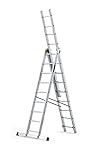 DRABEST Leiter PRO Serie Aluminium Leiter 3-teilig Schiebeleitern 9 Stufen Mehrzweckleiter Arbeitshöhe 6,32 m Belastbarkeit 150 kg inkl. Eimerhaken