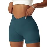 Vertvie Damen Gym Shorts V Cross Stretch Push Up Yoga Shorts Booty Scrunch Fitness Hosen Kurz High Waist Nahtlos Workout Sportshorts Butt Lift Kurze Leggings Sommer (Dunkel Cyan, M)