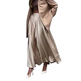 Damen-Satin-Midirock mit hoher Taille, verstecktem elastischem Bund, ausgestelltem, lässigem A-Linien-Midirock Strand (Khaki, L)