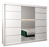 Schwebetürenschrank Verona 2-250cm mit Spiegel Kleiderschrank mit Kleiderstange und Einlegeboden Schlafzimmer- Wohnzimmerschrank Schiebetüren Modern Design (Weiß)