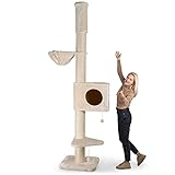 Happypet® Kratzbaum XXL deckenhoch mit großer Höhle | 250-275 cm | extra Stabiler Deckenspanner | 17 cm Dicke Sisalstämme | 45 cm Liegemulde | geprüfte E1 Holzplatten | Main Coon | Creme