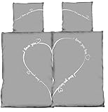 one-home Bettwäsche Microfaser Modern Bettbezüge B-Ware mit Reißverschluss, Größe:135x200 cm / 4 teilig, Farbe:Partner Love You grau