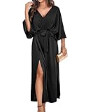 ZIYYOOHY Damen Cocktailkleid Elegant Satin Party Lang Kleider Lose 3/4 Fledermausärmel V-Ausschnitt Hochzeit Abendkleider mit Gürtel(6018 BK XL)