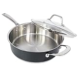 HOMICHEF 24 cm marinegraue, nickelfreie Sautierpfanne aus Edelstahl mit Deckel für Induktion – Hochwertige matt polierte Edelstahlpfanne mit Glasdeckel – 2,36 L ungiftiges Kochgeschirr