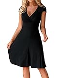 Beyove Kleid Damen Schwarz Knielang Kurzarm Elegant V-Ausschnitt Midikleid Casual Wickelkleid Sommer Strandkleid 42 XL