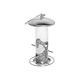 dobar® 10089 Vogelfuttersäule mit Edelstahlschlaufe - Futterstation für Wildvögel - Futterspender Acryglassilo für Sämereien - Futtertablet Stahl für Garten/Terrasse/Balkon - Ø 14 cm x 26 cm - Silber