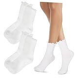 Yardwe 3 Paare Weiße Söckchen mit Rüschen Damen Söckchen aus Weichem Polyester Baumwoll Mix Elastisch Rutschfest Modisch für Frauen Mädchen