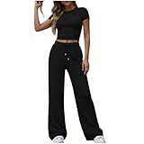 RLEHJN Lounge Set Damen,Zweiteiler Hausanzug Kurzarm Bodycon Oberteil mit Breitem Elastischem Hosenbund Schlaghose Loungewear Set 2-Teiliges Jogginganzug Sporthose Sleepwear Freizeit Outfit