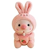 Champracer Plüschtier Frosch Stofftier Kuscheltier, Kawaii Plüschkissen Gefüllte Kuscheltier Pinguin Frosch Schwein Kuscheltier mit Milchtee Tasse Tier (25 cm,Kaninchen Schwein)