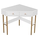 FANTASK Eckschreibtisch mit Schubladen, Computertisch platzsparend mit 2 großen Fächern, Winkelschreibtisch modern aus Holz, Arbeitstisch für Büro & Homeoffice, Weiß