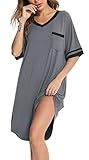 Vlazom Nachthemd Damen Kurzarm Nachtwäsche Weich Nachtkleid Große Größen Schlafshirt Sommer Sleepshirt(XL,Dunkelgrau)
