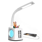 VAZILLIO Kinder Schreibtischlampe Led Multifunktion Tischleuchte Augenschutz Nachttischlampe Dimmbar Stifthalter Tischleuchte mit Lcd Display/kalender/Uhr/Wecker/USB-Anschluss Leselicht