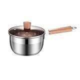 UrbanHui Edelstahl-Stielkasserolle, Doppelausgießer, antihaftbeschichteter Glasdeckel, Buchenholzgriff zum Kochen, Blanchieren, Nudeln, Suppe, Milch, Kochen, Gas, Elektroherde (20 cm)