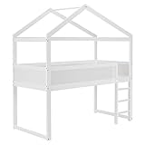 Juskys Kinder Hochbett Josy 90x200 cm - Hausbett mit Dach, Leiter & Rausfallschutz - halbhohes Kinderbett - Holz Halbhochbett, Etagenbett - Bett Weiß