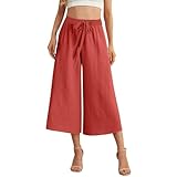 Hose Damen Bequeme Leinen Sommerhose aus Baumwolle Weites Bein Stoffhose Gerade Geschnitten Hose mit Tunnelzug und Taschen Casual Loose Fit Trousers Luftig Lockere Sommer Hosen Freizeit Strandhose