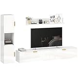 HOMCOM Wohnwand Wohnzimmer mit Wandregal und Aufbewahrungsschrank, 3-teiliges TV Set, Fernsehschrank Fernsehtisch mit Klapptüren, für Fernseher bis 55', Hochglanzweiß