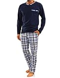 sesto senso Herren Schlafanzug Lang Pyjama 100% Baumwolle Langarm Shirt mit Tasche Pyjamahose Zweiteilig Set Nachtwäsche Dunkelblau Blau Kariert L Jasiek 2188/17