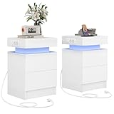IRONCK Nachttisch 2er Set mit LED-Lichtern & 2 AC-Steckdose, Beistelltisch mit USB+Typ-C Anschlussen, Nachtschrank mit 2 Schubladen, Sofatisch für Schlafzimmer, Wohnzimmer, Weiß