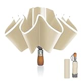 Pioggistar Regenschirm Sturmfest, Taschenschirm für Herren und Damen, Umgekehrter Regenschirme 10 Rippen, Holzgriff Regenschirm, Automatisch Auf und Zu, kompakt, Durchmesser 105 cm, Beige