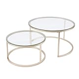 Huuryoudo Couchtisch 2er Set, Couchtisch Gold Glas mit Metallgestell Beistelltisch rund für Balkon Couch Tisch mit Kleiner Tisch Wohnzimmer, Gold Glasplatte