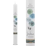 VILLA ROSA LOTTA – Personalisierbare Kommunionkerze 'Joshua' mit Wunschdaten und Rückseite | christliche Symbole | 40 cm x 4 cm | für Jungen und Mädchen | Motto 2025