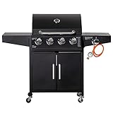 Outsunny Gasgrill BBQ mit 4 Brennern je 3 kw mobiler Grillwagen mit 4 Rädern Grillnetz Seitentischen Druckminderer Schläuche Schrank Multifunktion Stahl Schwarz 132,4 x 55 x 109 cm