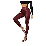 Yogahose mit Taschen Damen Pu-Lederhose Einfarbig Hose mit Schlitzen Beinen und Hohe Taille Hosen Solide Casual Sexy Hose Freizeithose für Frauen Stretch, wein, M