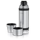 Arendo - Thermoskanne 1l Edelstahl – mit 2 Becher - Thermosflasche doppelwandig - 1000ml - One Click Verschluss - auslaufsicher – abnehmbarer Deckel – BPA frei – Kohlensäurefest - silber