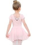 Ballettkleidung Mädchen Baumwolle Ballettkleid Balletttrikot Kurzarm Tanzkleid Tanzbody mit Chiffon Rock Tütü, Rosa, 140