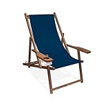 Holz-Liegestuhl mit Armlehne und Getränkehalter, Klappbar, mit dunkelbrauner Lasur, Wechselbezug (Dunkelblau)