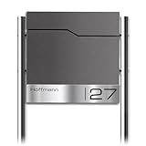 Metzler Briefkasten mit Pfosten in DB 703 Eisenglimmer Enno - Standbriefkasten mit V2A Edelstahl Namensschild & Zeitungsfach - Briefkasten mit Gravur - Postkasten, Größe: 37 x 37 x 10,5 cm
