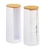 Relaxdays Wattepads Aufbewahrung 2er Set, Acryl, Bambus, Bad, Wattepadspender mit Deckel, HxD: 17,5x7,5cm, weiß/Natur, 10026559_872
