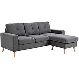 HOMCOM Ecksofa L-Form Sofa mit 3 Kissen, Eckcouch mit Knopfheftung, Leinenoptik, Veränderbare Chaiselounge Couch Wohnlandschaft für Wohnzimmer, Schlafzimmer 193 x 136 x 85 cm Dunkelgrau