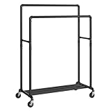 SONGMICS Kleiderständer, Kleiderstange, Garderobenständer mit 2 Kleiderstangen und Ablage, Rollen, bis 110 kg belastbar, Industrie-Design, für Schlafzimmer, Ankleidezimmer, schwarz HSR60B