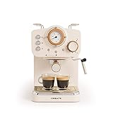 CREATE / THERA MATT RETRO/Espressomaschine Cremeweiß Matt und Holz/Halbautomatisch, mit einer 15 bar Druckpumpe und 1100W, 1,25L Wasserbehälter, für gemahlenen Kaffee, 55 mm. ESE- Pads