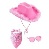 QIUhhpuy Cowgirl Kostüm Damen Rosa Cowboy Hut Damen Set Western Filzhut mit Federtrimm Herz Brille und Rosa Bandana Accessoires Westen Cowgirl Kostüm Pinker Cowboyhut für Damen Cosplay Party Karneval