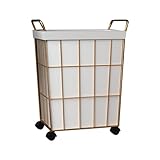 Wäschekorb mit Rollen, Wäschesammler aus Eisendraht auf Rädern, Wäschekorb mit Rollen, mit Ledereinlage, Tasche und Griff, goldener Metallrahmen, Wäschesortierer für Schlafzimmer und Balkon, Wäsc