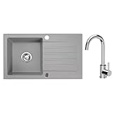 VBChome Granitspüle 76 x 44 cm Grau mit Armatur Einzelbecken Einbauspüle Reversibel Gesprenkelt Pflegeleichtes Spülbecken mit Siphon Ideal für kleine Küchen