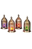 Orientalische Laternen 4 Set Laterne Basem bunt 16cm | 4 x Orientalisches Windlicht aus Metall & Glas als Ramadan Deko | Glaslaterne für draußen als Gartenlaterne in Rot - Lila - Grün - Orange