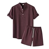 Vhersily Set aus Shorts und T-Shirt für Herren, Kurzarm + Shorts, einfarbig, Baumwolle und Leinen, Jogginganzug, bequeme Nachtwäsche, Loungewear, modisch, kühl und atmungsaktiv, Kaffee, XL