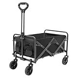 Zusammenklappbarer Gartenwagen, Bollerwagen, Strandwagen mit 5“ Gummirädern, verstellbarem Griff und 2 Becherhaltern, für Strand, Garten, Einkaufen und Camping (Schwarz)