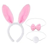 Hasenohren Haarreif Set, 3 Stk Hasen Ohren Haarreifen Plüsch Hasenohren Stirnband Haarbänder Fliege Schwanz, Kaninchenohren Haarreif Ostern Bunny Kostüm Cosplay Party Kinder Erwachsene(Rosa Weiß)