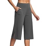 Yogahose für Damen, knielang, hohe Taille, nahtlos, Bauchkontrolle, Caprihose, dehnbar, Sport, Fitnessstudio, Laufen, Radfahren, Bermuda mit Taschen, Dunkelgrau-b, S