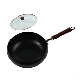Unbeschichtetes Eisen-Kochgeschirr, handgefertigt, große Bauchpfanne für gleichmäßiges Erhitzen, mühelose Reinigung (28 cm Topf + L-Glasdeckel)