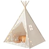 Tiny Land Tipi Zelt für Kinder, Drinnen und Draussen Spielzelt Mit Gepolsterter Decke, Lichterkette & Aufbewahrungstasche - Segeltuch Kinderzelt, Spielhaus
