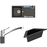 SCHOCK® Küchenspüle Typos D-100S Asphalt 86x43,5 cm - CRISTALITE® Grau | Küchenarmatur SC-90 Asphalt – Hochdruck Armatur mit Festauslauf | Eckschale in schwarz I Spülbecken Zubehör aus Kunststoff